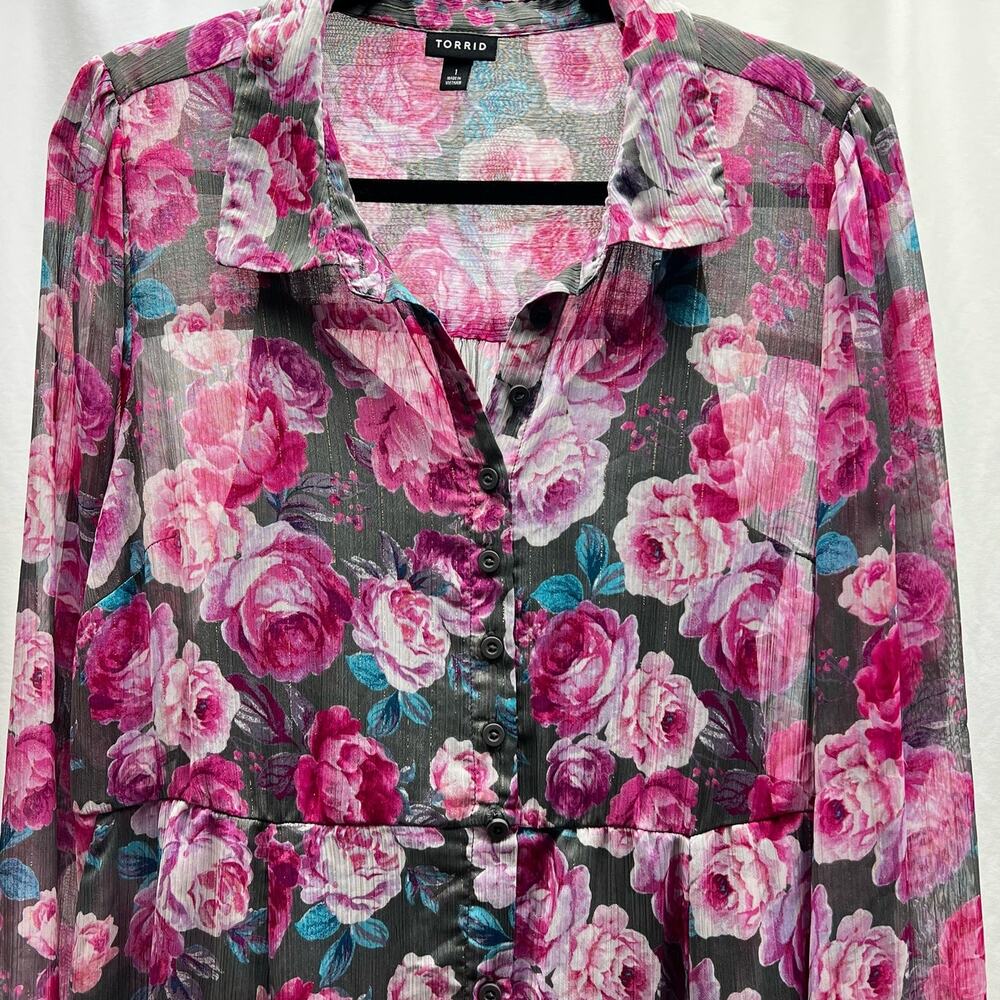 Torrid Tea Length Dress Sheer Floral Pink & Gray Lined Size 1 Women's 14/16 (1X) - Picture 1 of 15